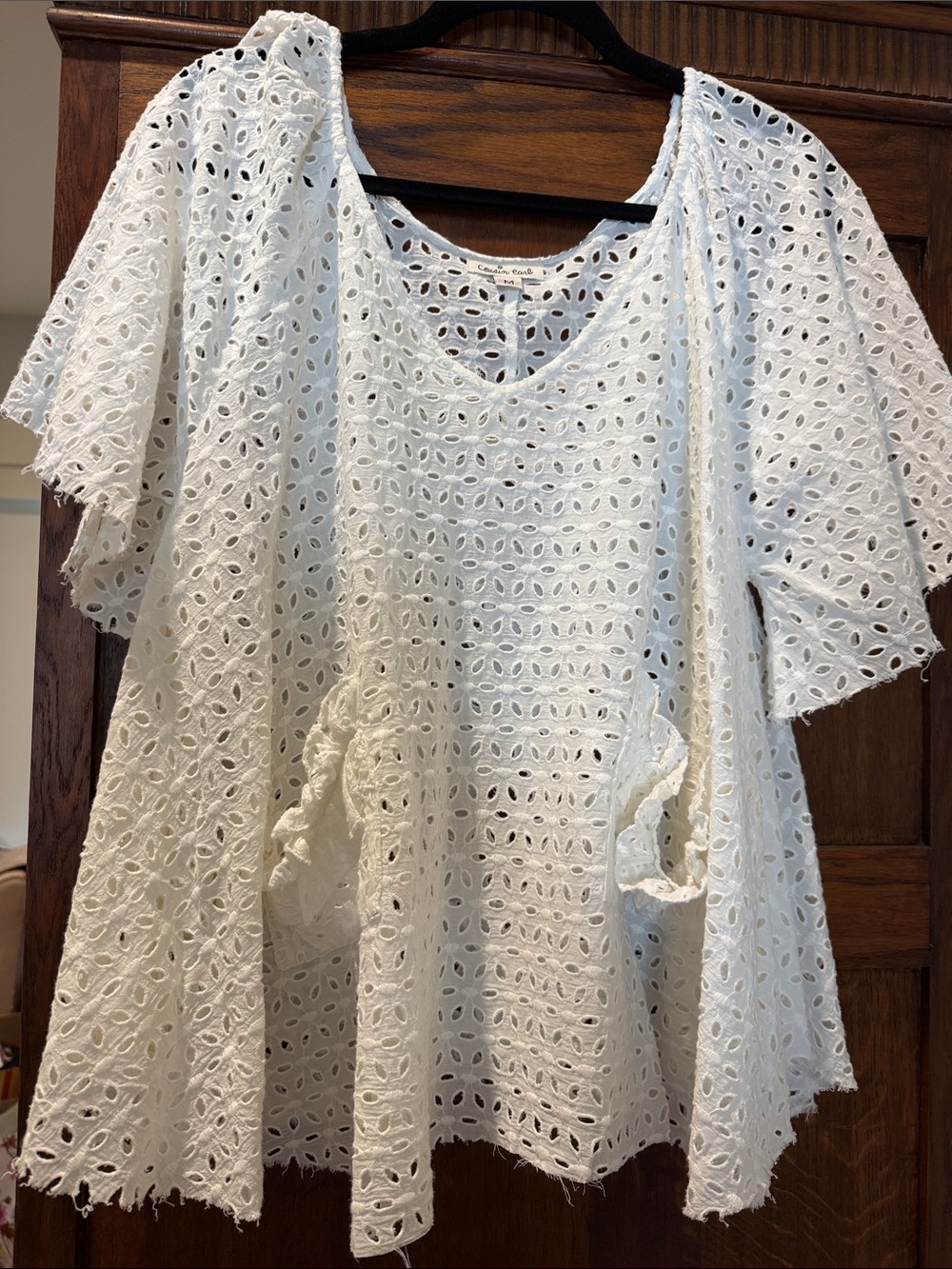 White Eyelet Lace Tunic Top with V-Neck and Pockets